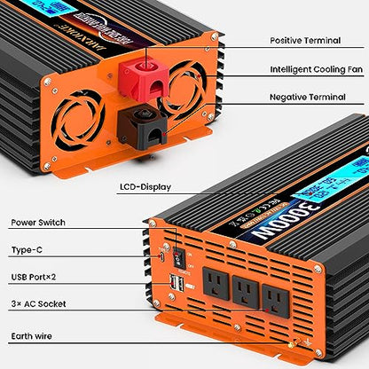 3000 Watt Pure Sine Wave Power Inverter 24V DC to 110V 120V Converter for Family RV Off Grid Solar System Car with Type (24V-3000W)