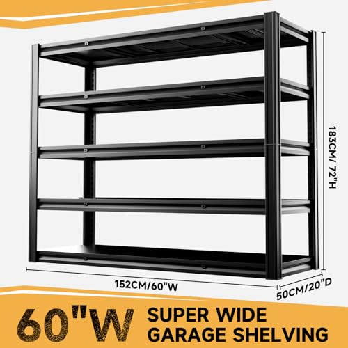 5 Tier 60" W x 20" D x 72" H Garage Shelving Metal Storage Rack 3000LBS Garage Shelving Heavy Duty Adjustable Storage Shelves Unit for Industrial Warehouse Basement Utility Shelf (Black-hidden Hole / 60"W x 20"D x 72"H)