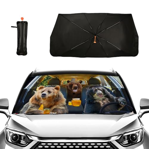 Funny Bear Car Windshield Sun Shade Umbrella Foldable Car Foldable Umbrella Sunshade for Front Window Block UV Rays Car Accessories Auto Windshield Sun Shades Cover (One Size / Funny Bear)