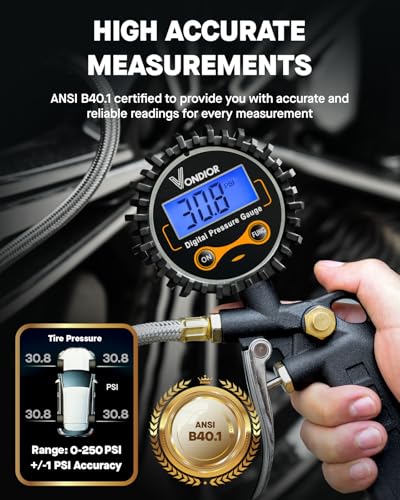 Digital Tire Pressure Gauge with Inflator (3-250PSI / Tire Inflator Gauge)