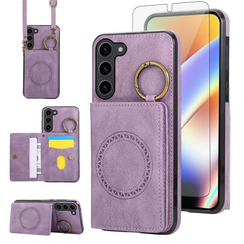 Compatible with Samsung Galaxy S23 Plus S23+ 5G Wallet Case and Screen Protector Crossbody Shoulder Strap Stand Magnetic Car Mount Cell Phone Cover for S23plus 23S + S 23 23+ SM (Purple / for S23 Plus)