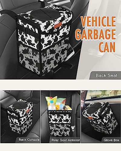 Car Trash Can with Lid Leakproof Car Garbage Bag Vehicle Trash Bin (2 Gallons / Cow Print)