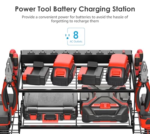 Garage Tools Storage with Charging Station. Power Tool Battery Organizer Utility Shelf with Power Strip. 4 Drills Holder Wall Mount Rack (Small / 2 Layer)