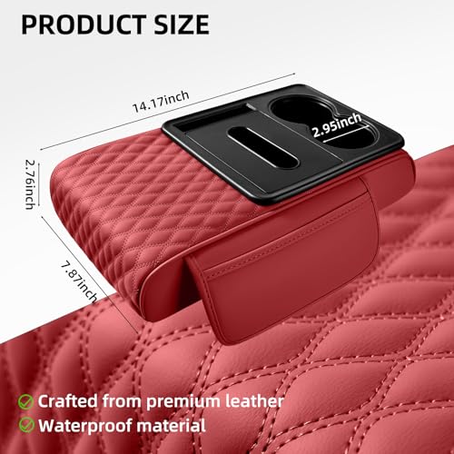 5-in-1 Car Center Console Armrest Cover Pad, Multifunctional Car Arm Rest Organizer with Cup Holder, Tissue Slot & Side Storage Pockets, Soft Leather Auto Armrest Cushion, Black, Claret (Claret)