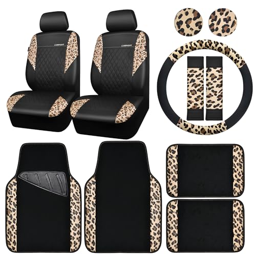 Leopard Print Faux Leather Car Seat Covers & Leopard Car Mats&Leopard Steering Wheel Cover Seat Belt Pad Universal Car Accessories for SUV (Leopard combo)