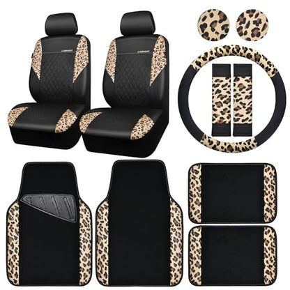 Leopard Print Faux Leather Car Seat Covers & Leopard Car Mats&Leopard Steering Wheel Cover Seat Belt Pad Universal Car Accessories for SUV (Leopard combo)