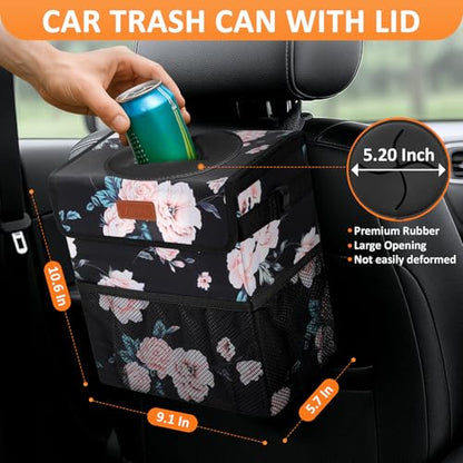 Car Trash Can with Lid Leak Proof Car Accessories for Women (2.2 Gallons / Black Floral)