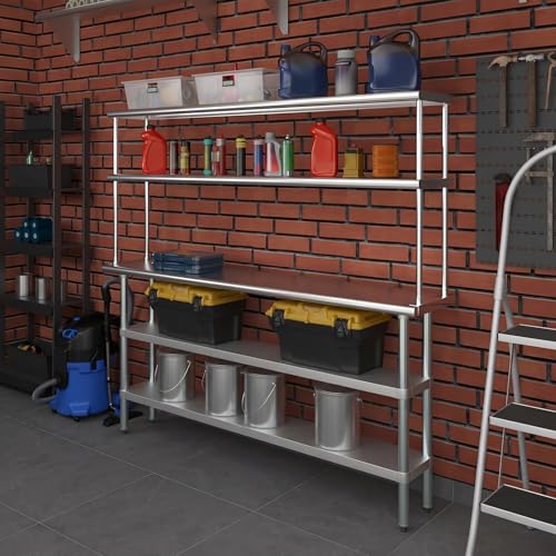 Stainless Steel Work Table with 2 Shelves & Overshelf (14" x 72" Table With 2 Shelves + 12" Overshelf)