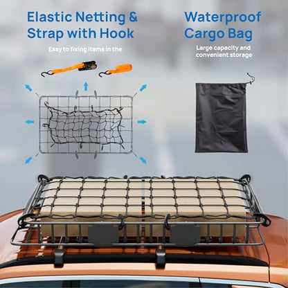 250lbs 64 x 39 x 6 inch Extendable Roof Top Cargo Carrier Basket w (64"x39"x6"(w/Net+Bag+Footrest+Straps))