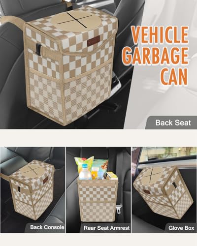 Car Trash Can with Lid Leakproof Car Garbage Bag Vehicle Trash Bin (2 Gallons / Khaki Checkered)