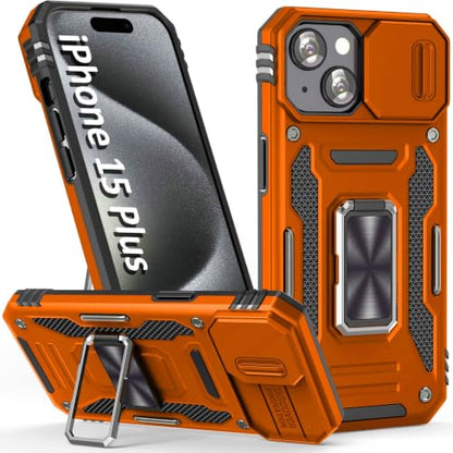 Orange Case for iPhone 15 Plus with Slide Camera Cover & Stand (★ iPhone 15 Plus 【6.7 inches】 / Orang+Black)