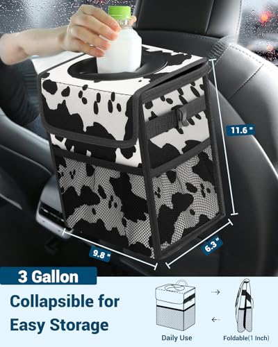 Car Trash Can with Lid (3 Gallons / Cow Print)