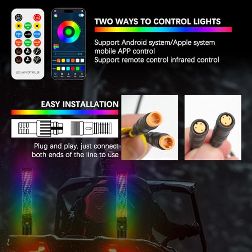 2PCS 1FT Fat Spiral Led Whip Lights with APP&Remote Control RGB Chasing Dancing Lighted Antenna Whips Compatible with Can (Fat 2PCS 1FT)