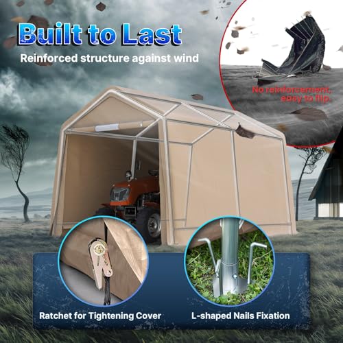 8x14 ft Steel Metal Peak Roof Portable Garage Shelter Storage Shed Carport for Motorcycle (Beige / 8'x14')