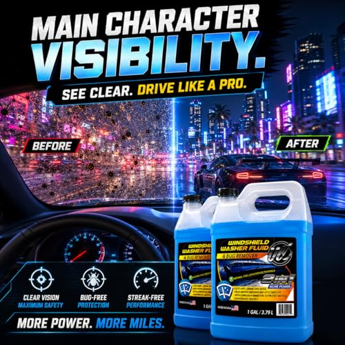2-in-1 Windshield Washer Fluid 2-Pack (1 Gallon Each, 256 fl oz Total) – Ready to Use, Streak-Free Formula, All-Weather Cleaning, Removes Bugs, Dirt & Road Grime – Premium Windshield Cleaner (Blue / 128 Fl Oz (Pack of 2))