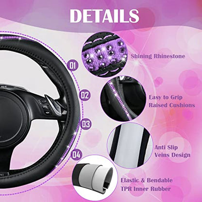 Bling Diamond Black Leather Steering Wheel Cover (Purple Diamond 1PCS)