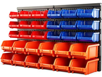 Wall Mounted Storage Bins Parts Rack 30PC Organizer Garage Plastic Shop Tool for Men's Gift (Orange-Blue-Red / 30-Piece Bins Parts Rack)