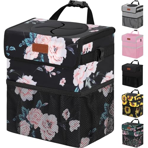Car Trash Can with Lid Leak Proof Car Accessories for Women (2.2 Gallons / Black Floral)