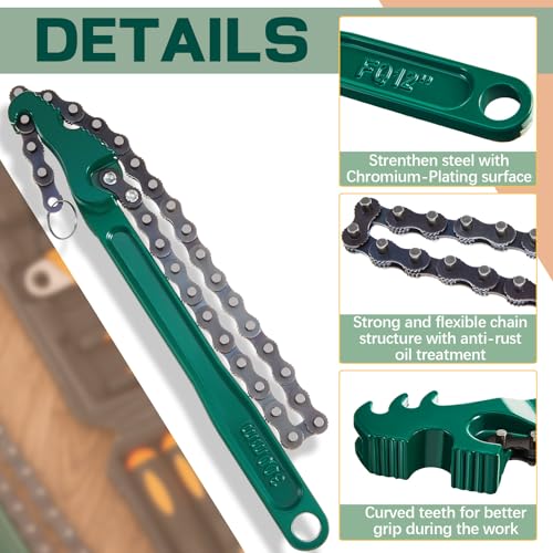 3 Pcs Large Reversible Chain Oil Filter Wrench with 12 16 9 Inch Chain Wrench Adjustable Heavy Duty Carbon Steel Sturdy Pipe Fitting Tool Spanner for Ratcheting Universal (Green)