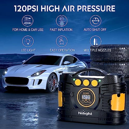 Tire Inflator Portable Air Compressor Dual Power for Car 12V DC and Home 110V AC Tires Pump Pressure Gauge Fast Inflate Auto Shutoff for Cars SUV Motorcycle Bicycle (Ac/DC Air Compressor 120psi)