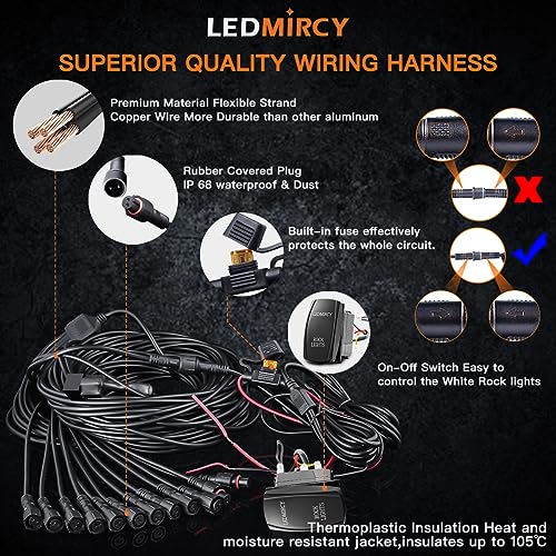 Rock Lights LEDMIRCY R4 Pure White Rock Lights with Wire Harness for Trucks (White / 12Pods Rocker)