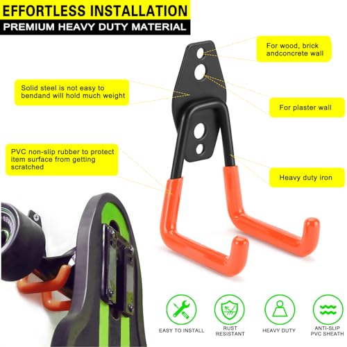 6 Pack Garage Hooks Heavy Duty Storage Organizer Wall Mount Power and Garden Tool Hangers (Medium U Hook / Orange 6 pack)