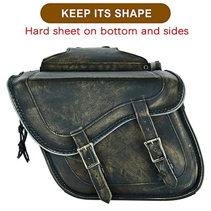Naked Cowhide Leather Motorcycle Saddle Bags Throw Over Saddlebags (Distressed Brown 26L No Studs & Braided)