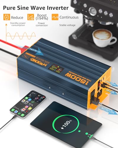 1500W/3000W(Peak) Power Inverter Pure Sine Wave DC 12V to 110V 120V AC Converter 3 AC Outlets Car Inverters with 4 USB Fast Charging Ports, LCD Display and Remote Controller for Truck RV (1500W- 12V)
