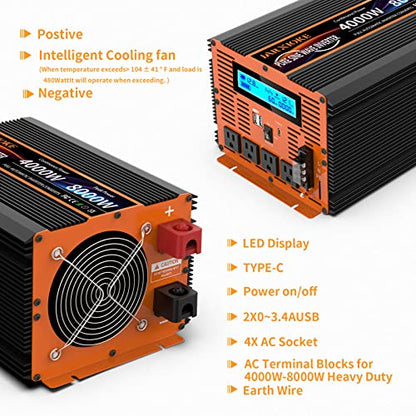 4000 Watt Pure Sine Wave Power Inverter 12V DC to 110V 120V Converter for Family RV Off Grid Solar System Car with Type (12V-4000W)