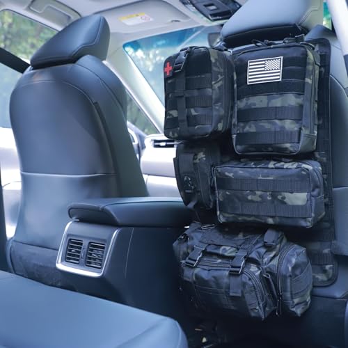 Universal Tactical Seat Back Organizer Vehicle Molle Panel Organizer Storage Bag with 5 Detachable Molle Pouch for All Vehicel Such as Jeep (A model-Black Camo)