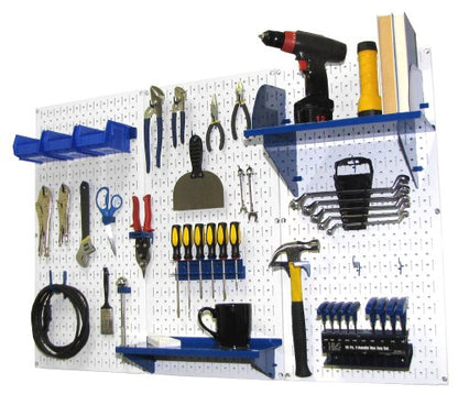 Pegboard Organizer 4 ft. Metal Pegboard Standard Tool Storage Kit with White Toolboard and Blue Accessories (White Pegboard Blue Accessories)
