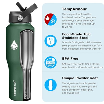 Water Bottle Wide Mouth Stainless Steel Vacuum Insulated Double Wall Keep Liquids Cold or Hot All Day (Dark Green / 32 Ounces)