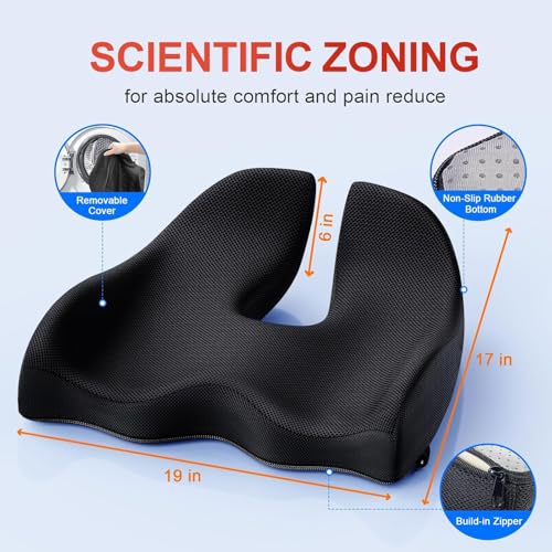 Large Ergonomic Seat Cushion Relieves Sciatica & Tailbone Pain (Black / Large)