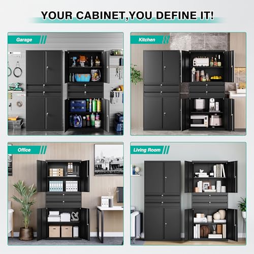Metal Storage Cabinet with Drawer and Locks (71"H x 31.5"W x 16"D-C / Black)