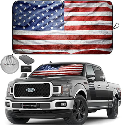Truck Windshield Sun Shade with Storage Pouch & Anti (USA GRUNGE FLAG-3 / X-LARGE = 66 x 36 inches)