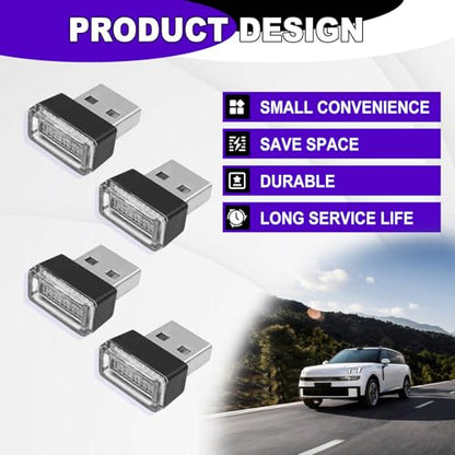 4 PCS USB LED Car Ambient Lighting Kit Plug in Atmosphere Lamps Portable Auto Interior Decor Night Lights Universal for Most Cars SUVs Trucks (purple)