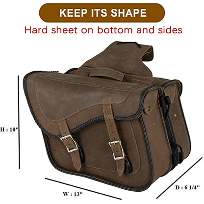 Naked Cowhide Leather Motorcycle Saddle Bags Throw Over Saddlebags (Vintage Brown 26L No Studs & Braided)