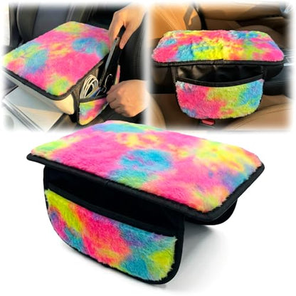 Plush Fuzzy Fur Car Armrest Cover with Side Pockets