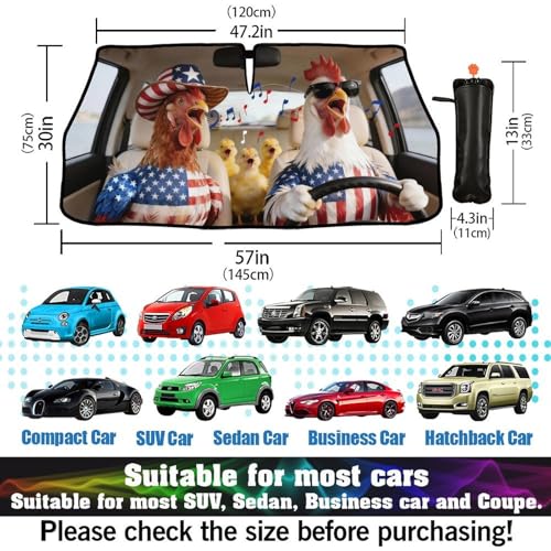 Rooster American Flag Chicken Car Windshield Sunshade Umbrella Car Foldable Umbrella Sunshade for Front Window UV Reflector Auto Windshield Umbrella Sun Shades Cover for Most Vehicles 57'' X 30 (57'' X 30'' / JSDK-58A)