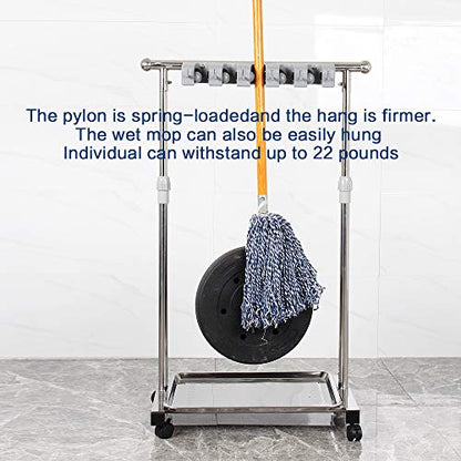 movable mop broom holder put wet mops floor standing cleaning tool rack stainless for schools (5slots)