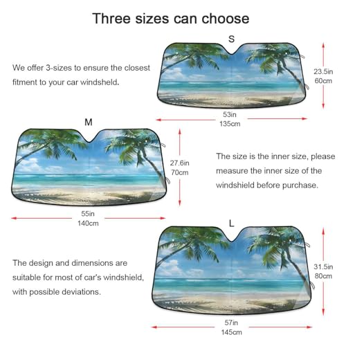 Car Windshield Sun Shade Beach with Palm Trees Blue Sky02 Foldable Car Front Windshield Sunshade Blocks UV Rays Sun Visor Sun Heat Protection for Car Truck SUV to Keep Your Vehicle Cool (Large / Beach with Palm Trees)