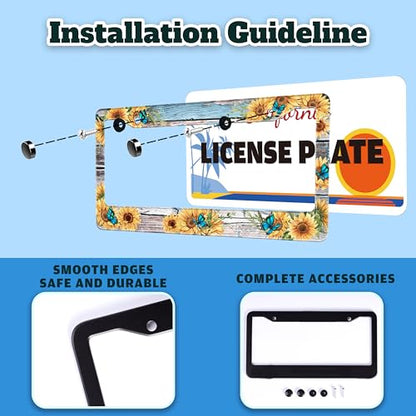 Blue Butterfly Sunflower License Plate Frame Stainless Steel 6.3 X 12.2 in (Blue Butterfly Sunflower)