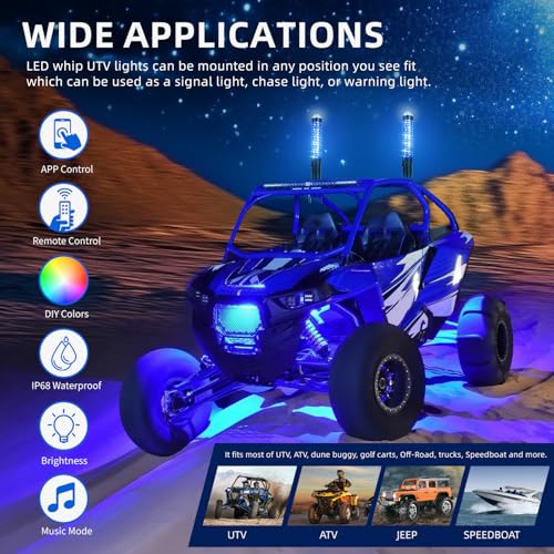 2Pack 1FT Fat Whip Lights New Upgraded Spiral LED Whip Light with Strobe Light RGB Chasing Dancing Lighted Antenna Whips W (Fat 2Pack 1FT)