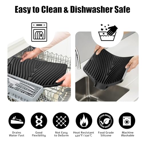 Silicone Dish Drying Mat for Kitchen Counter (Black-2pcs / 20" x 15")