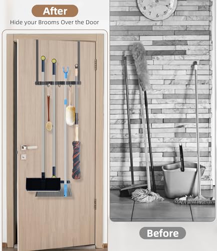 Broom Holder Over The Door with Hooks (Space grey)