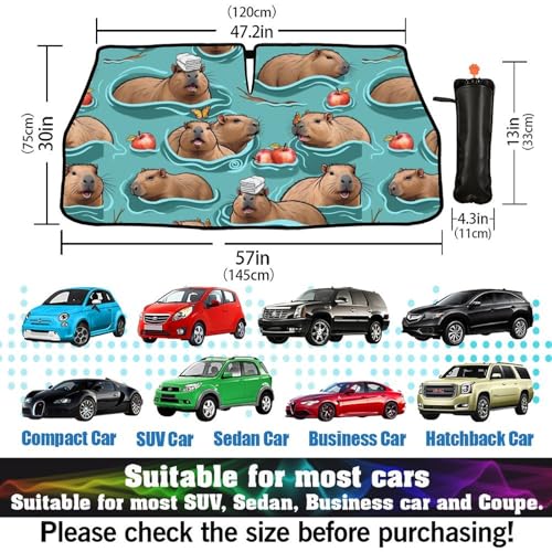 Cute Capybara Print Car Sunshade Umbrella Capybaras Windshield Sun Shade for Car Retractable Umbrella Sunshades for Front Window Cute Sun Shades Cover Visor Portector Block UV Rays (One Size / Style15)