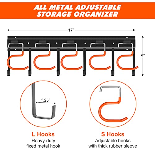 17'' All Metal Garden Tool Organizer Adjustable Garage Tool Organizer Wall Mount Garage Organizers and Storage with Heavy Duty Hooks Tool Hangers for Garage Wall (17inch)