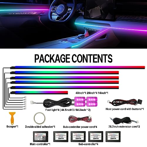 Dreamcolor Acrylic Interior Car Light 10 in 1 Automotive Ambient Light Kits with APP Control 16 Million Color 175 inches Fiber Optic Car LED Strip Light (dreamcolor 10 lights)
