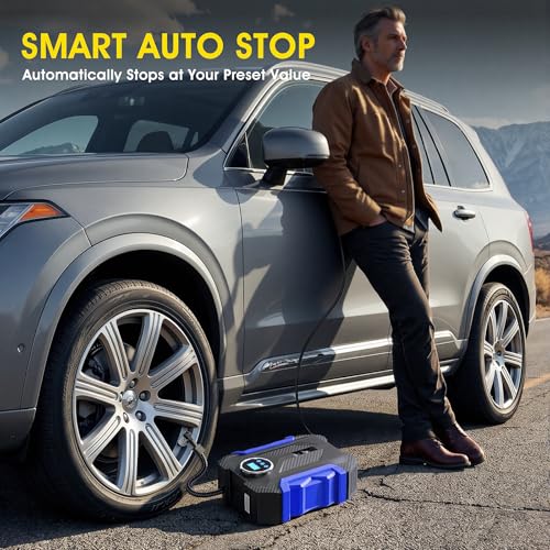 Digital Air Compressor for Car Auto Pump Portable Tire Inflator with LED Light DC 12V (Blue)