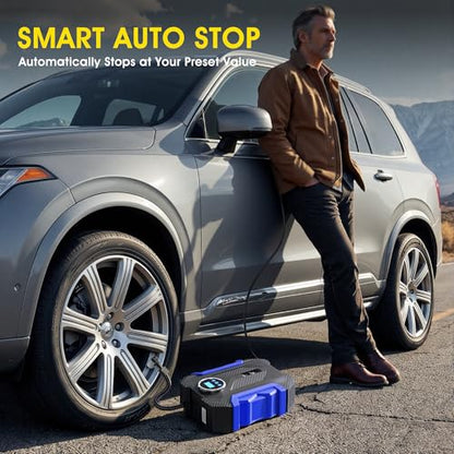 Digital Air Compressor for Car Auto Pump Portable Tire Inflator with LED Light DC 12V (Blue)